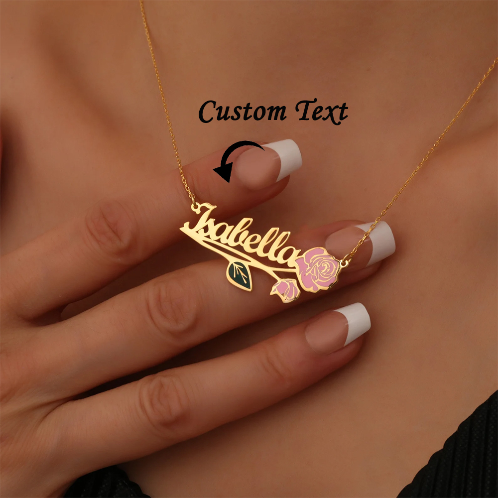 Name Necklace Custom - สร้อยคอชื่อดอกไม้ประจำวันเกิดหลากสีสันแบบกำหนดเองสำหรับผู้หญิง จี้สีทองสแตนเลสสตีล ของขวัญวันแม่