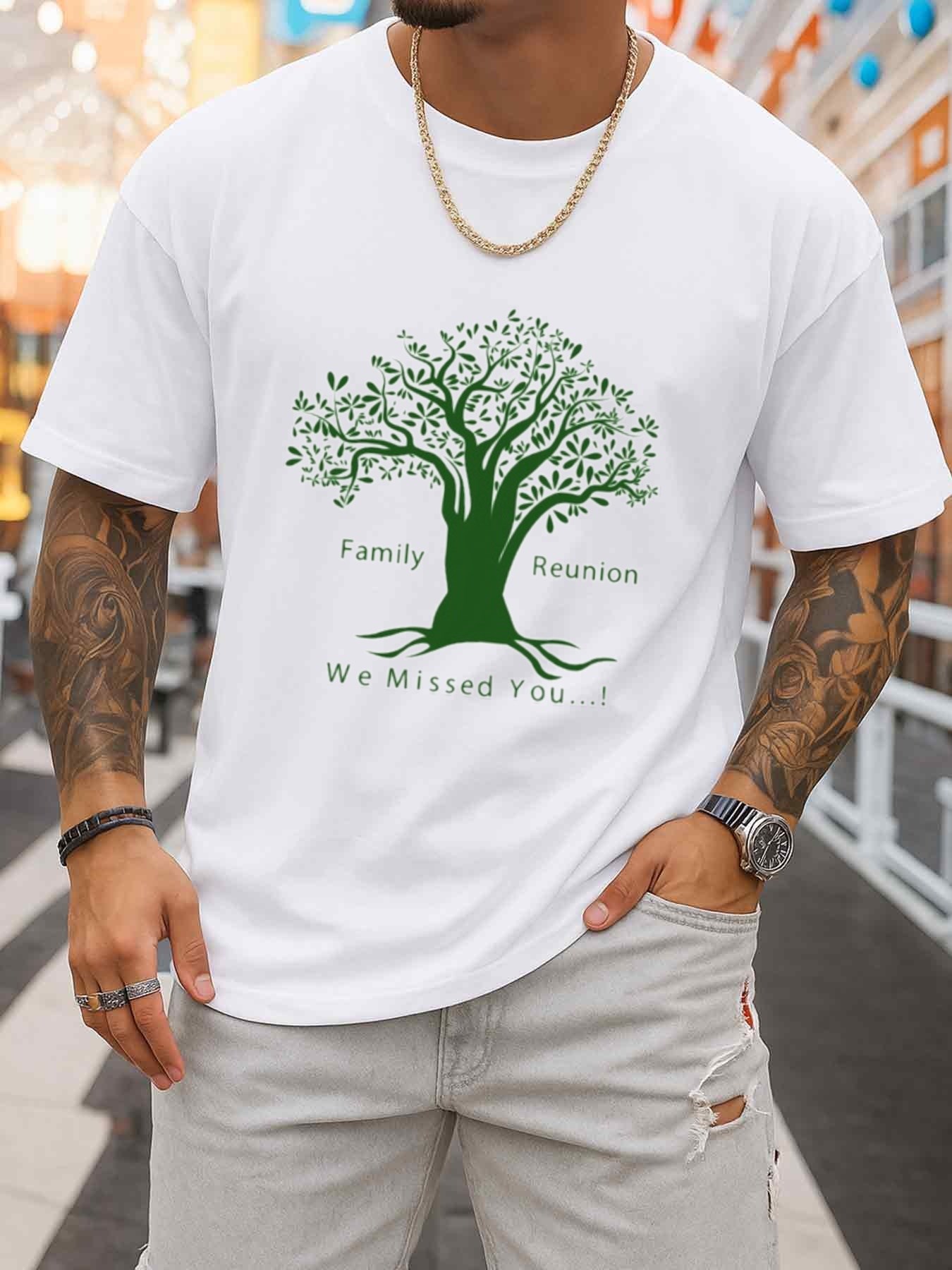 Family Tree Print - เสื้อยืดคอกลมลายต้นไม้แห่งครอบครัวสำหรับผู้ชาย สีขาว พิมพ์ลายลำลอง ใส่ได้ทุกฤดูกาล เสื้อออกกำลังกายทันสมัย ทนทาน