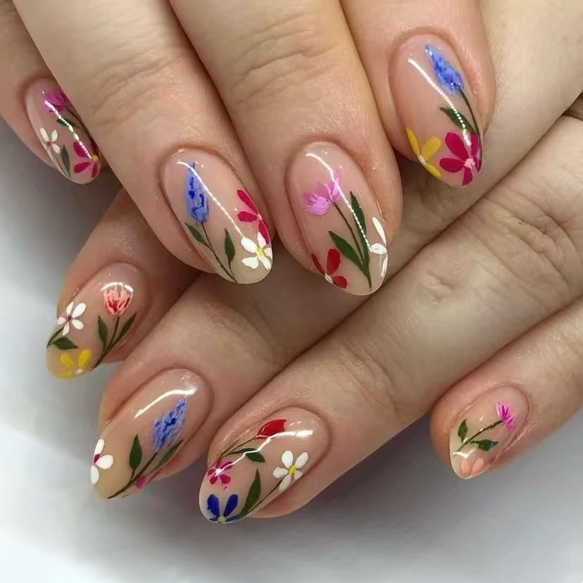 Pressed Flower Art - 24 ชิ้น Simple อัลมอนด์เล็บเคล็ดลับดอกไม้สีสันสดใสออกแบบเล็บปลอมสวมใส่รูปไข่เล็บปลอมสั้นเต็มรูปแบบกดบนเล็บ