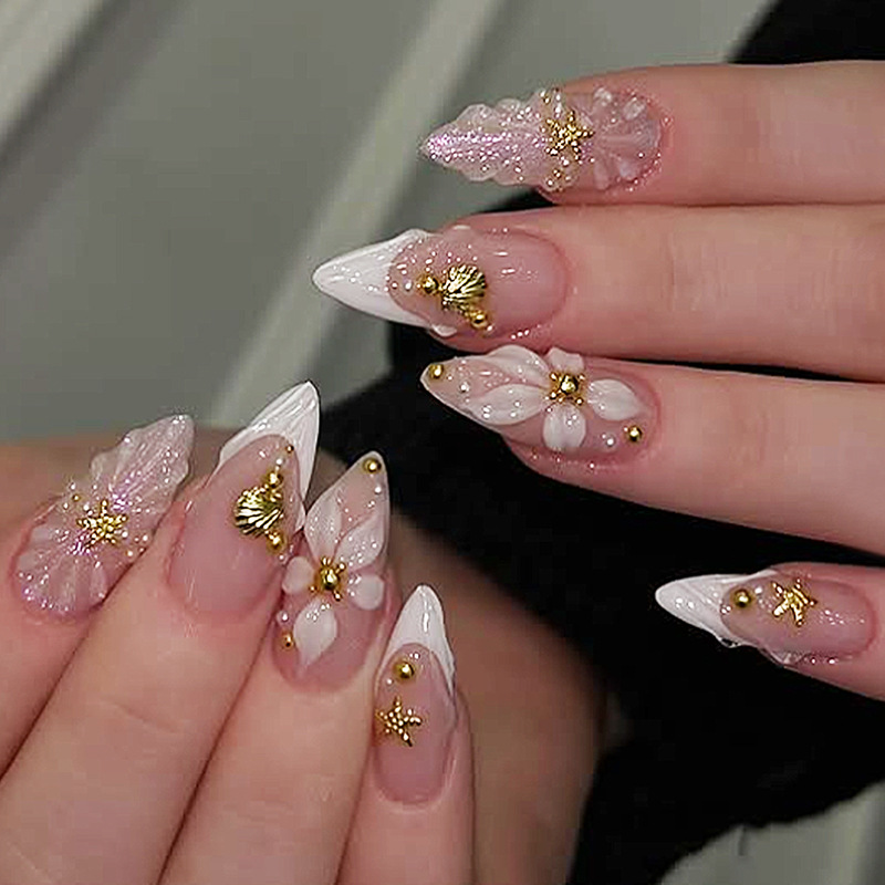 Pressed Flower Art - ชุดเล็บปลอมแบบกดติด 24 ชิ้น ลายดอกไม้สีชมพูหวาน ดีไซน์เปลือกหอยมุก พร้อมใช้งานซ้ำได้