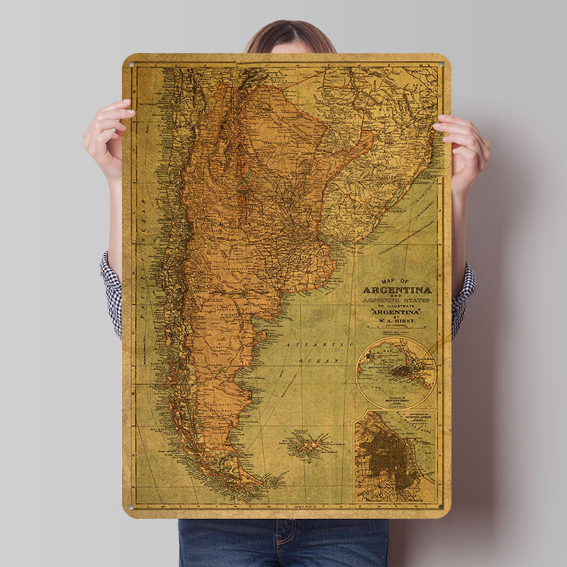 Custom Map Poster - แผนที่อาร์เจนตินาวินเทจ โปสเตอร์โลหะแบบกำหนดเอง ศิลปะติดผนังสไตล์เรโทร ป้ายโลหะวินเทจสำหรับตกแต่งห้อง สำนักงาน ตกแต่งบ้าน