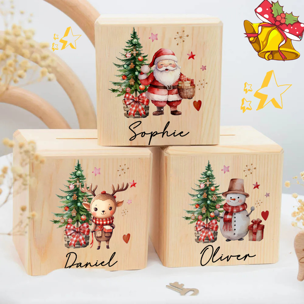 Personalized Name Box - ส่วนบุคคลกล่องเงิน Santa Deer Snowman ชื่อเด็กกล่องเงินเหรียญกล่องไม้เหรียญ Bank