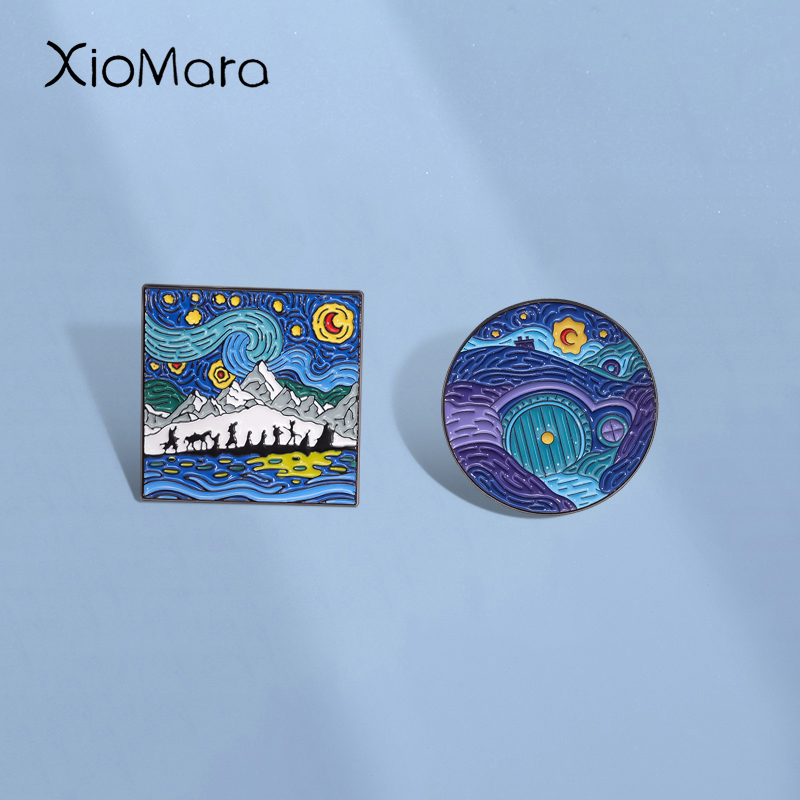 Custom Night Sky - Night Sky ภาพวาดสีน้ํามันเคลือบ Pins CUSTOM บิดเบี้ยวฉากกลางคืนเข็มกลัด