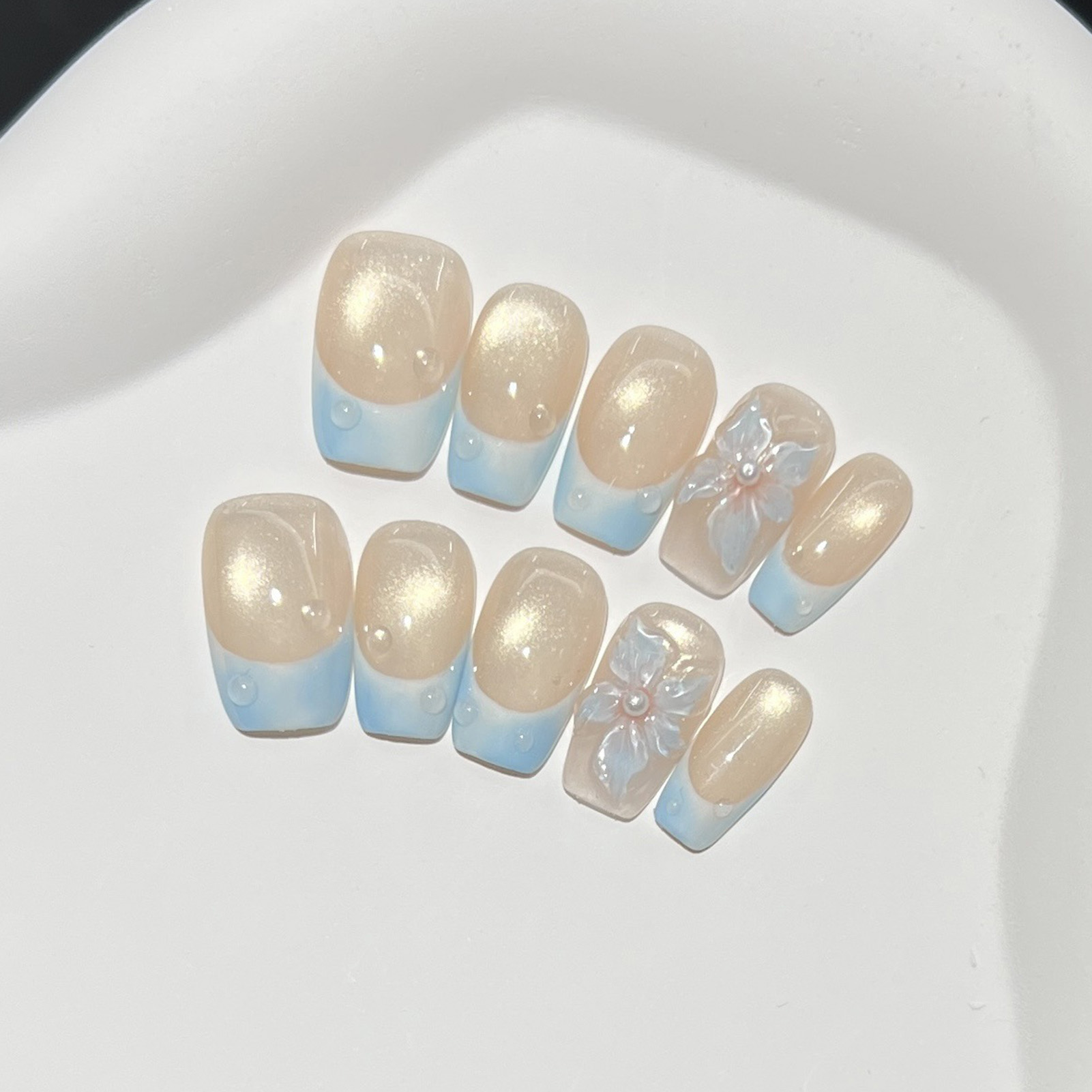เล็บปลอมแบบกดติด 10 ชิ้น สีฟ้า - Pressed Flower Art บทวิจารณ์และราคา