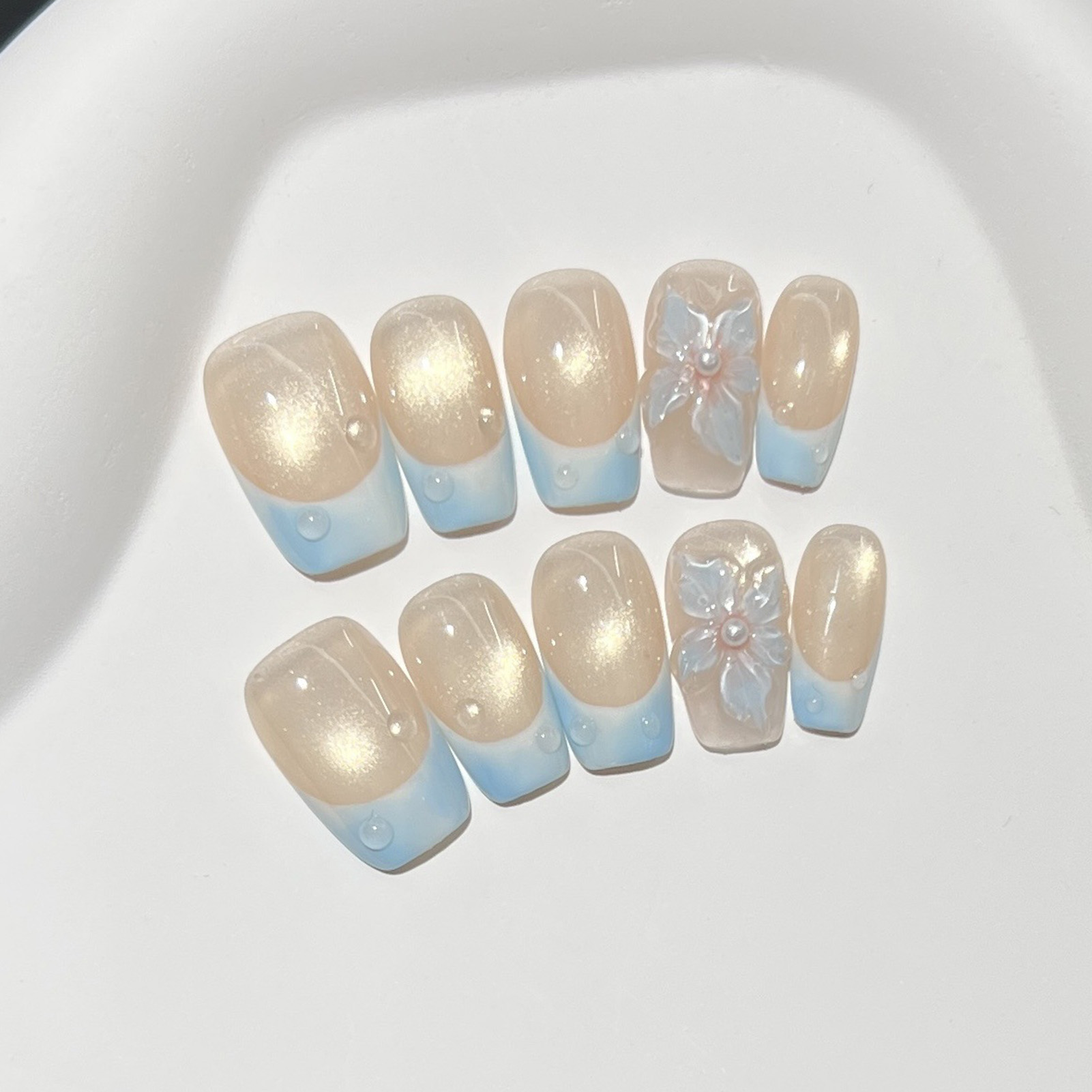 เล็บปลอมแบบกดติด 10 ชิ้น สีฟ้า - Pressed Flower Art บทวิจารณ์และราคา