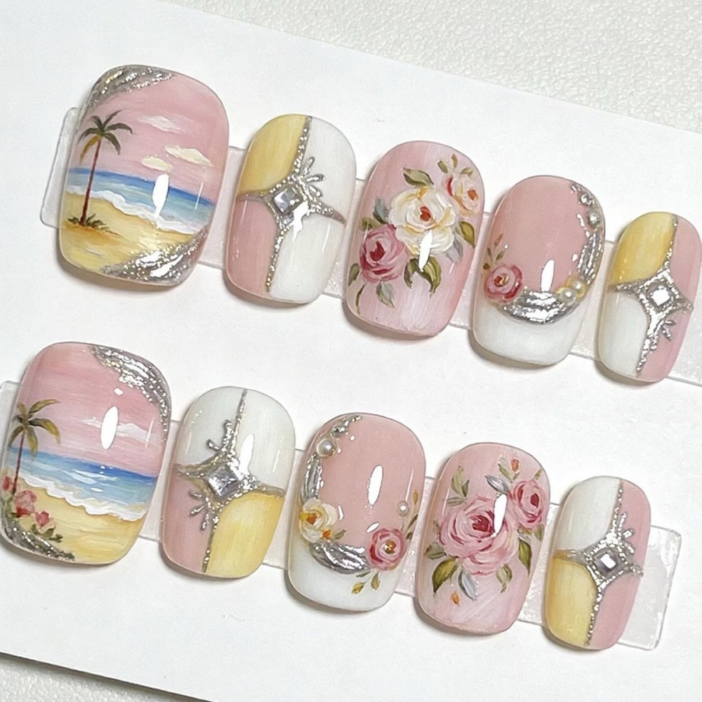 เล็บปลอมแบบกดติด 24 ชิ้น สีเขี - Pressed Flower Art บทวิจารณ์และราคา